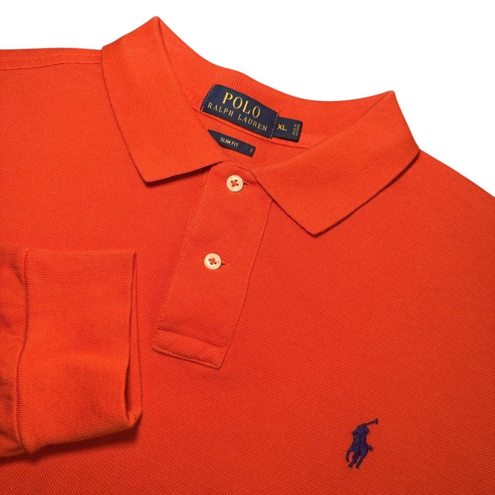 Polo Ralph Lauren Mens XL Slim Fit Long Sleeve Polo Shirt Orange Cotton Pique